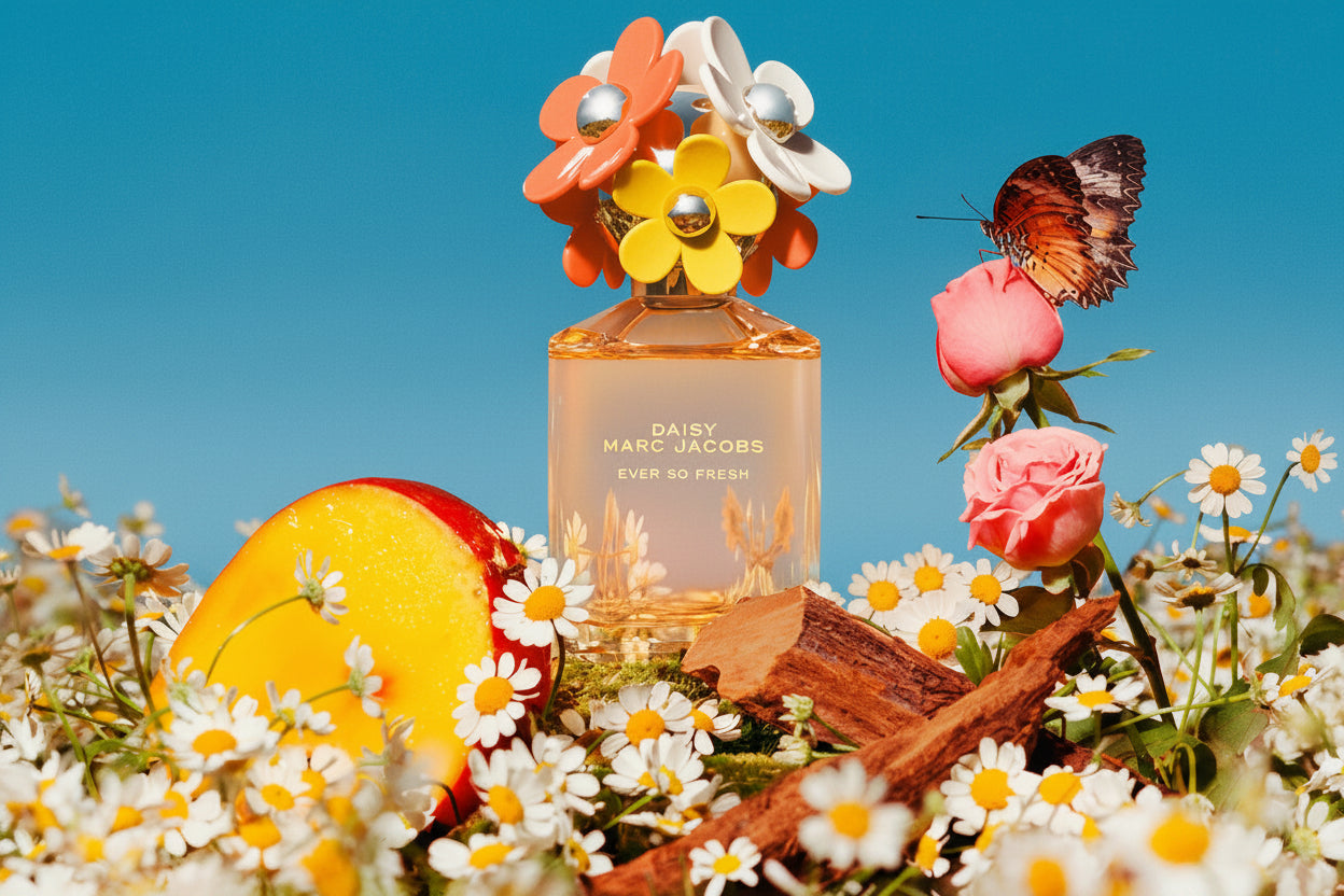Marc Jacobs Daisy perfume bottle with floral design on a blue sky background